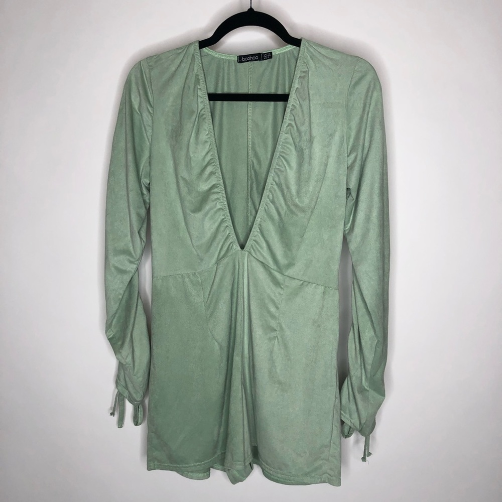 BOOHOO Mint Micro Suede Deep V Long Sleeve Ruched Velvety One Piece Sexy Romper